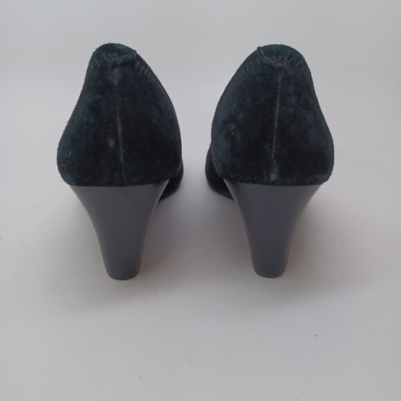 Tory Burch Shoes Sophie Miller Black Suede Wedge Leather Logo on Toe Womens 5 M - Picture 5 of 14